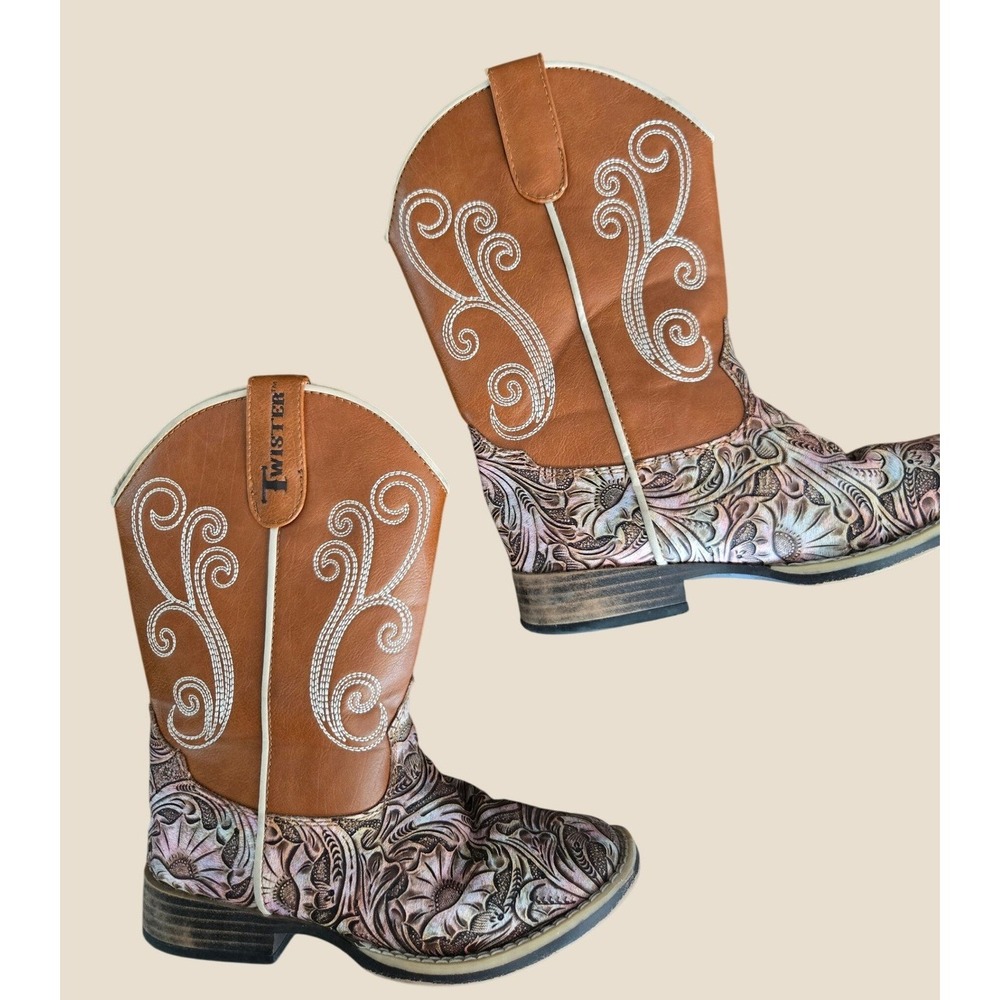 Twister Girls Western Boots Tan Metallic Floral Embossed Square Toe 88741-00